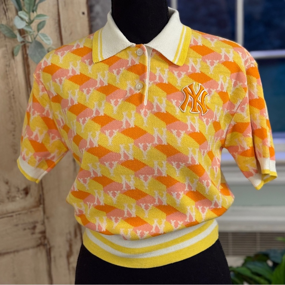 MLB Korea New York Yankees cropped polo tee shirt. Orange/yellow whimsical print